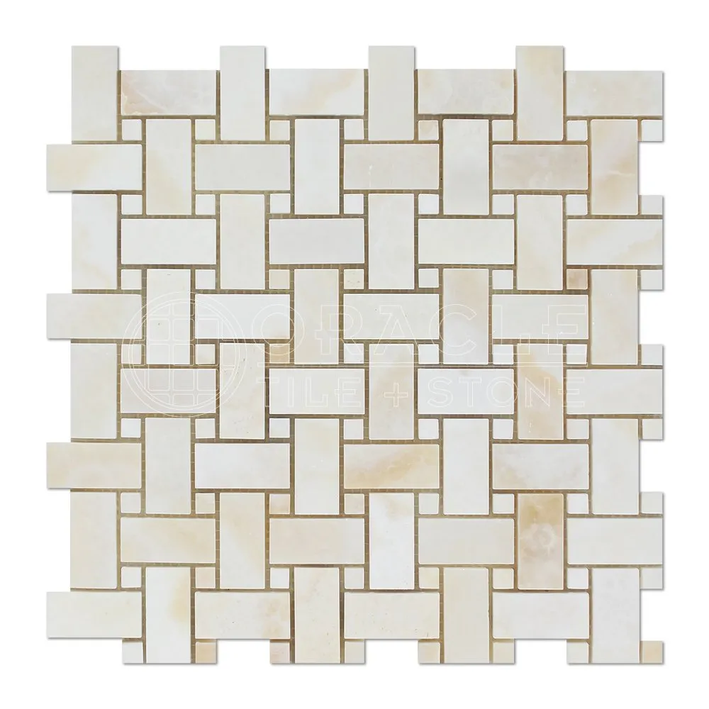White Onyx Basketweave Mosaic Tile with White Onyx Dots, Cross-Cut, Polished - Lot of 50 Sheets