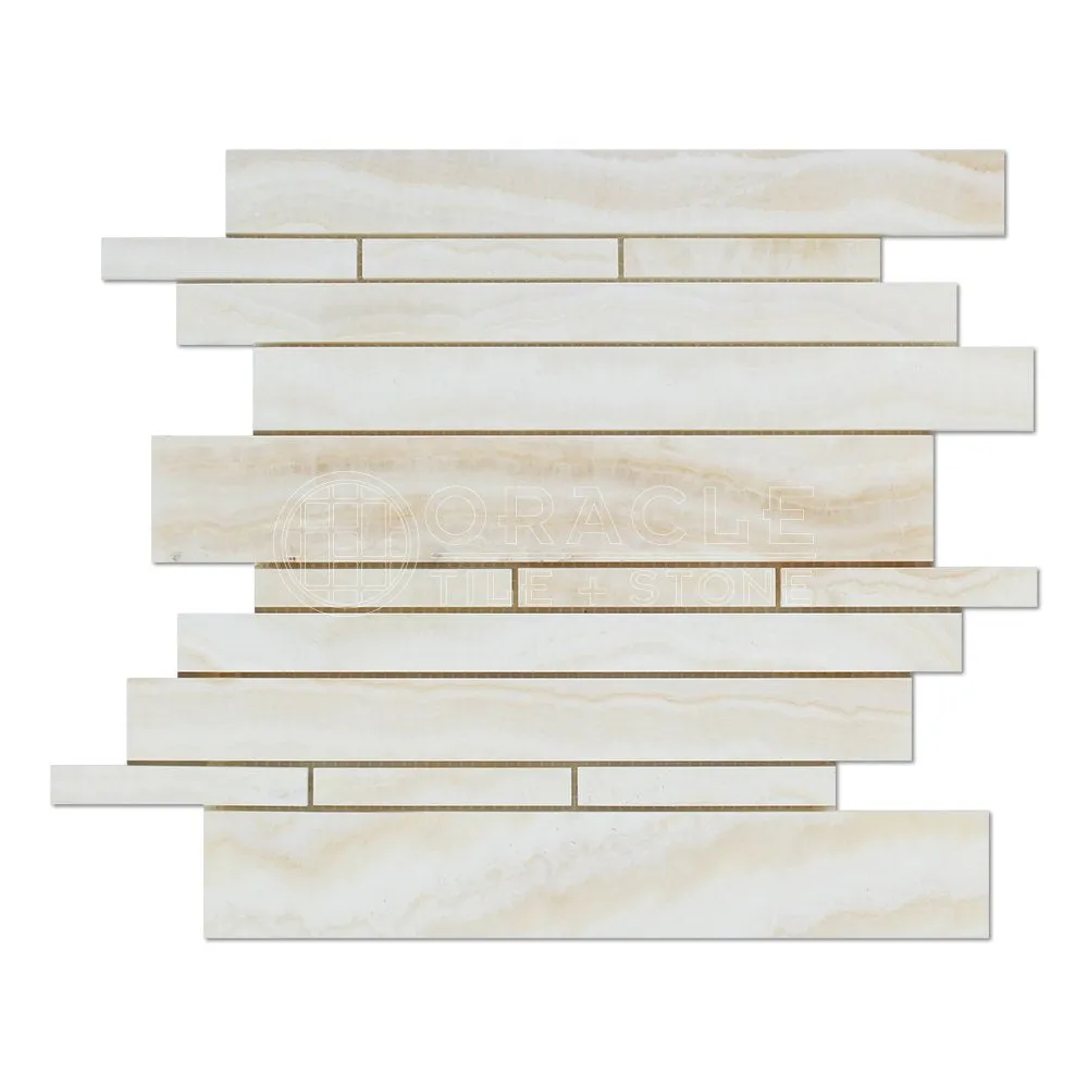 White Onyx Random Strip Mosaic Tile, Vein-Cut, Polished - Box of 5 Sheets