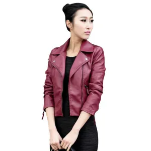 Women Leather Motorcycle Zipper collar Punk Coat Biker Jacket Outwear Fashion