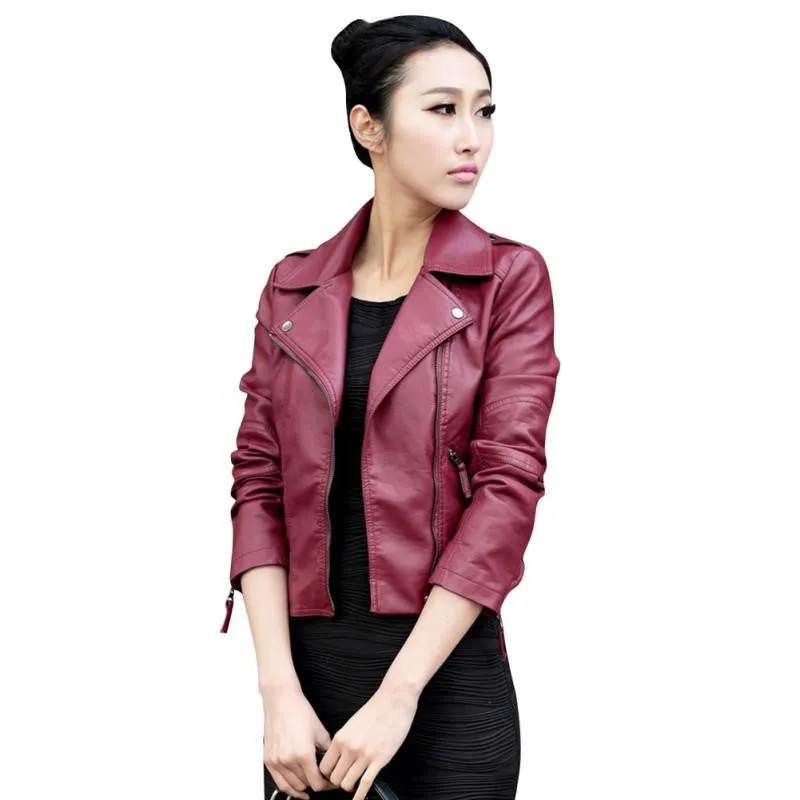 Women Leather Motorcycle Zipper collar Punk Coat Biker Jacket Outwear Fashion