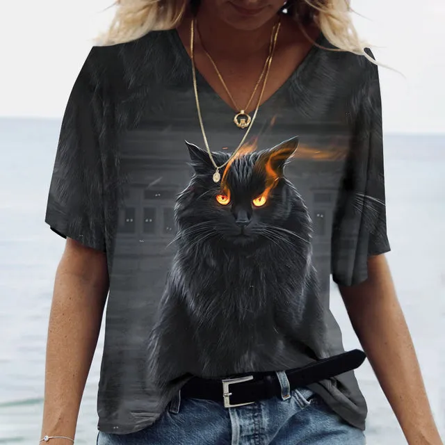 Women V-neck Tops Printed Cat T-shirt