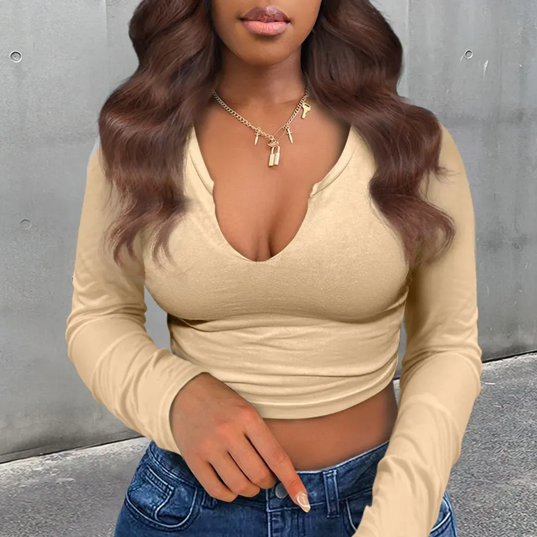 Women’s Sexy V-Neck Long-Sleeve Crop Top
