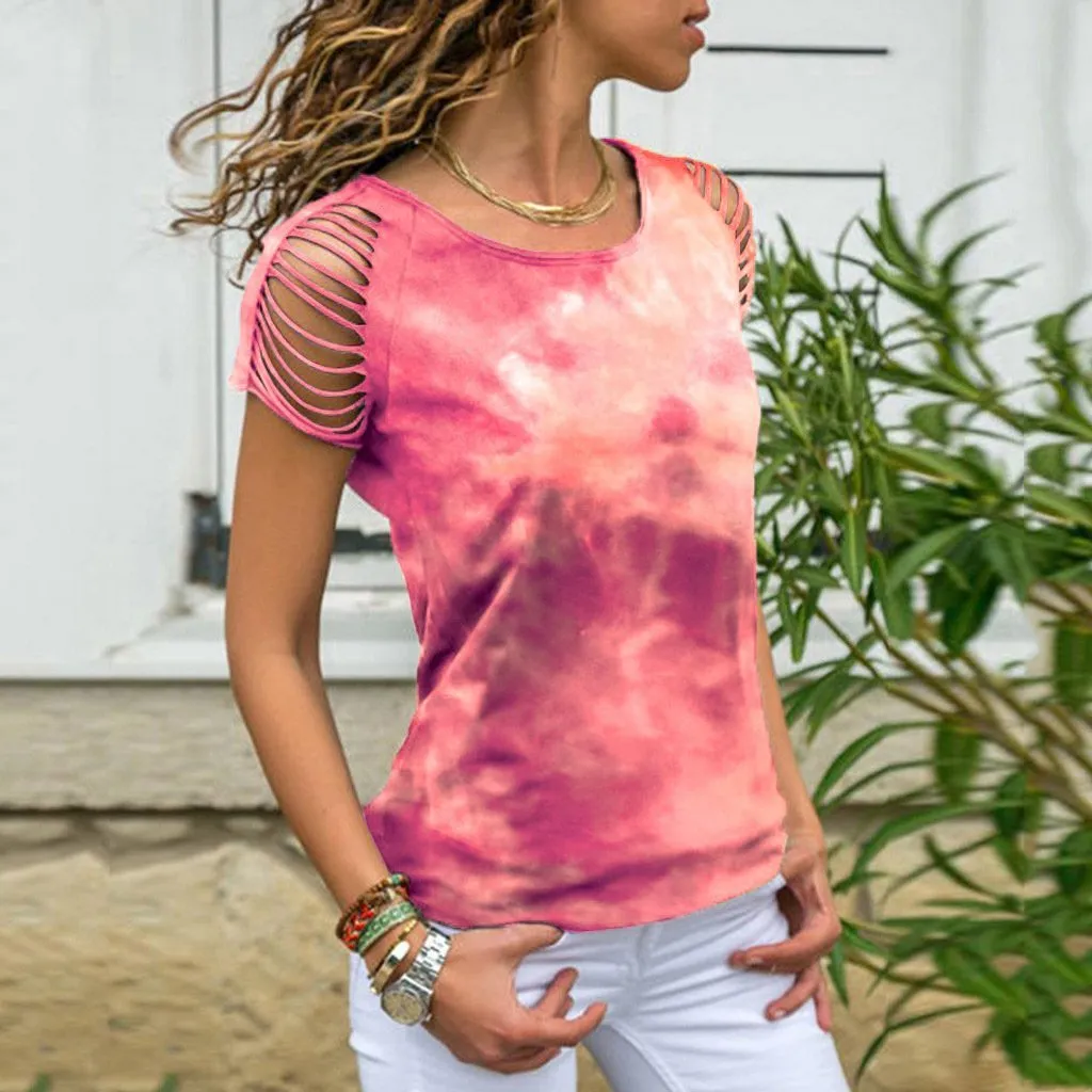 Women's  Tie-dye T-shirt with Shredded Sleeves