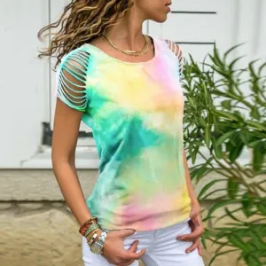 Women's  Tie-dye T-shirt with Shredded Sleeves