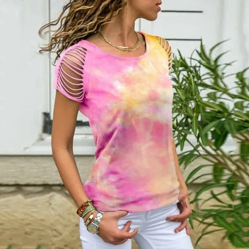 Women's  Tie-dye T-shirt with Shredded Sleeves