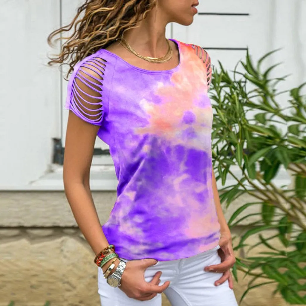Women's  Tie-dye T-shirt with Shredded Sleeves