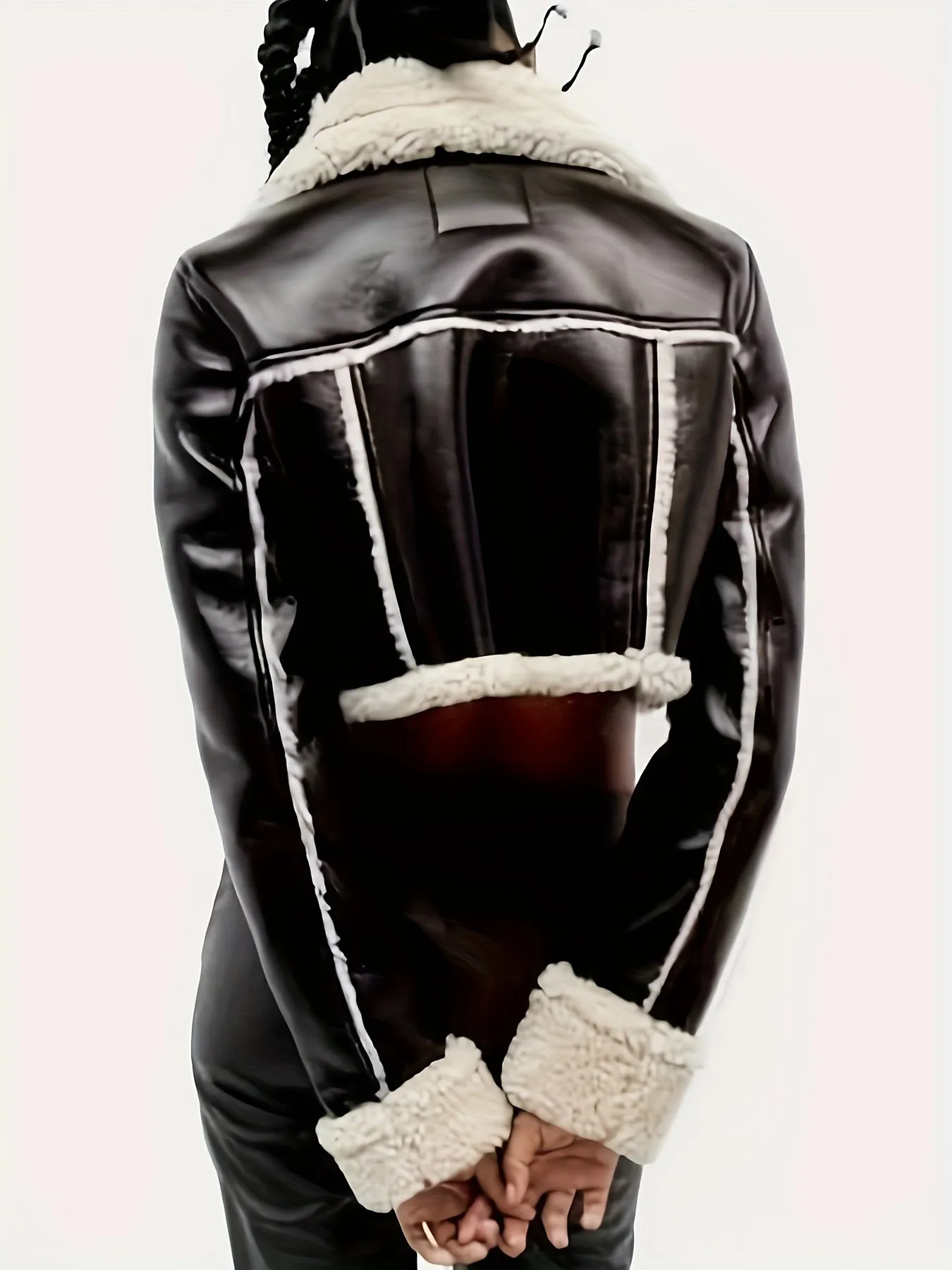 Womens Warm Cropped Fleece Faux Leather Jacket