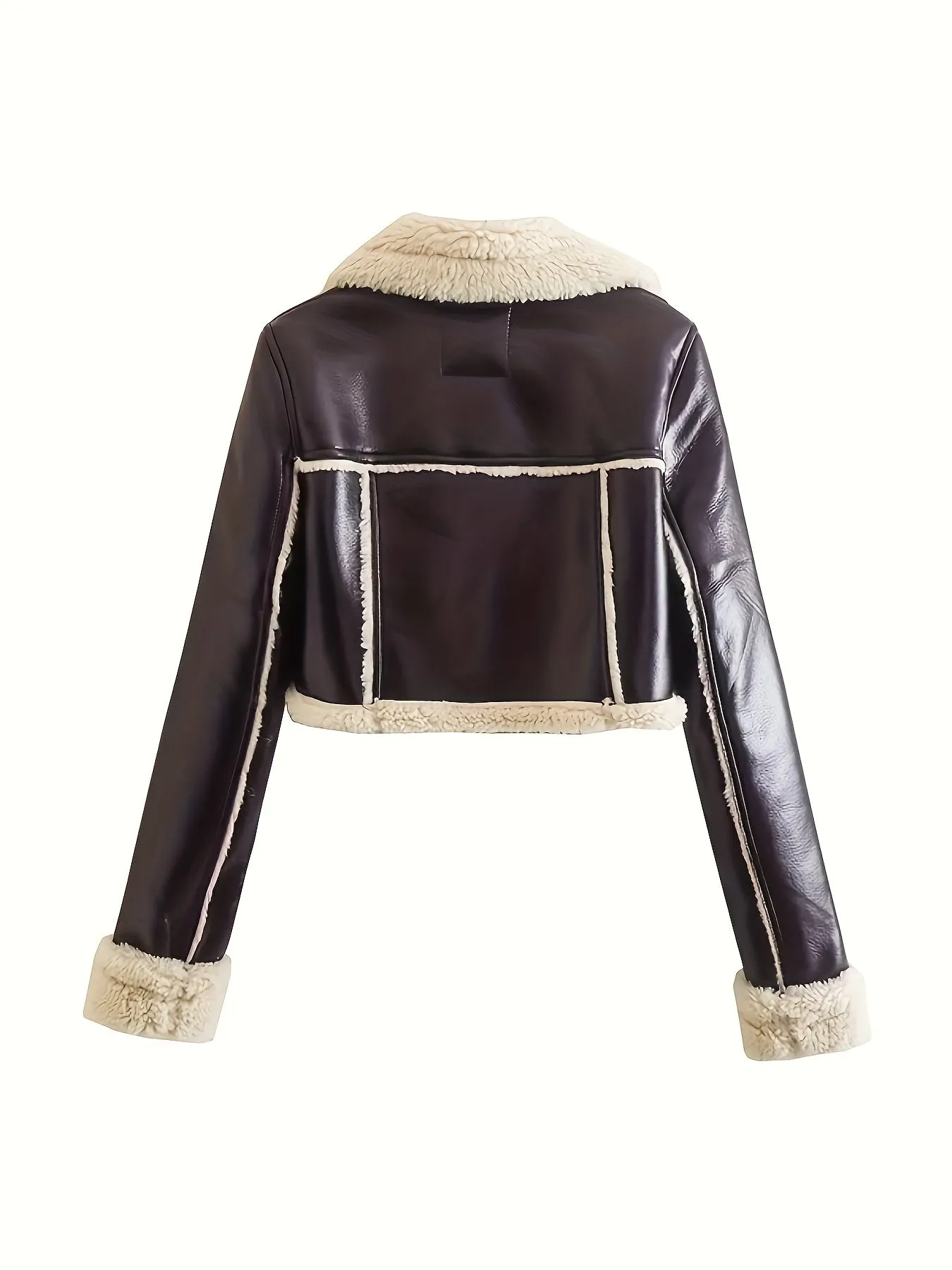 Womens Warm Cropped Fleece Faux Leather Jacket