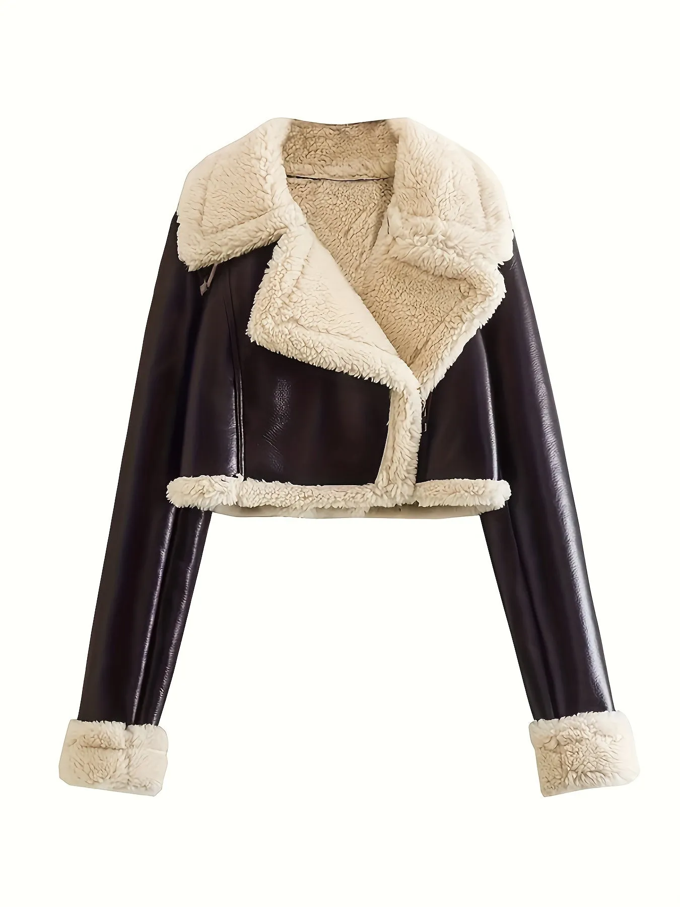 Womens Warm Cropped Fleece Faux Leather Jacket