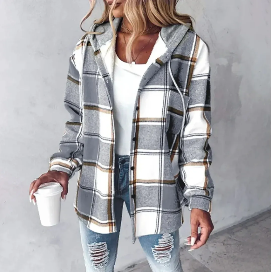 Women's Winter Button Down Plaid Jacket | Hood