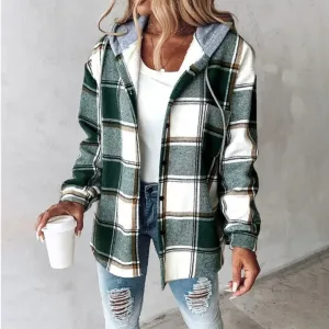 Women's Winter Button Down Plaid Jacket | Hood