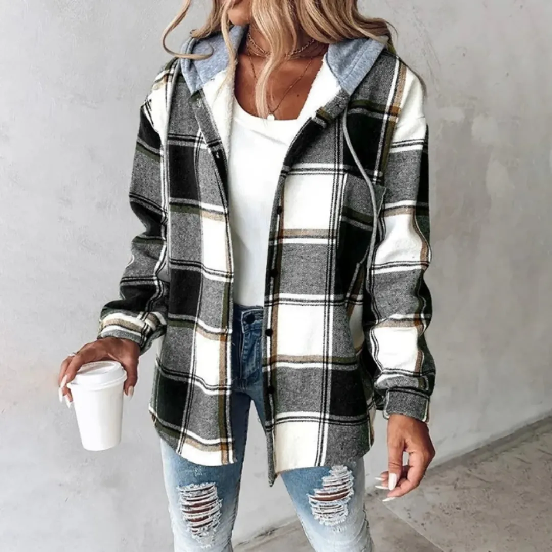 Women's Winter Button Down Plaid Jacket | Hood