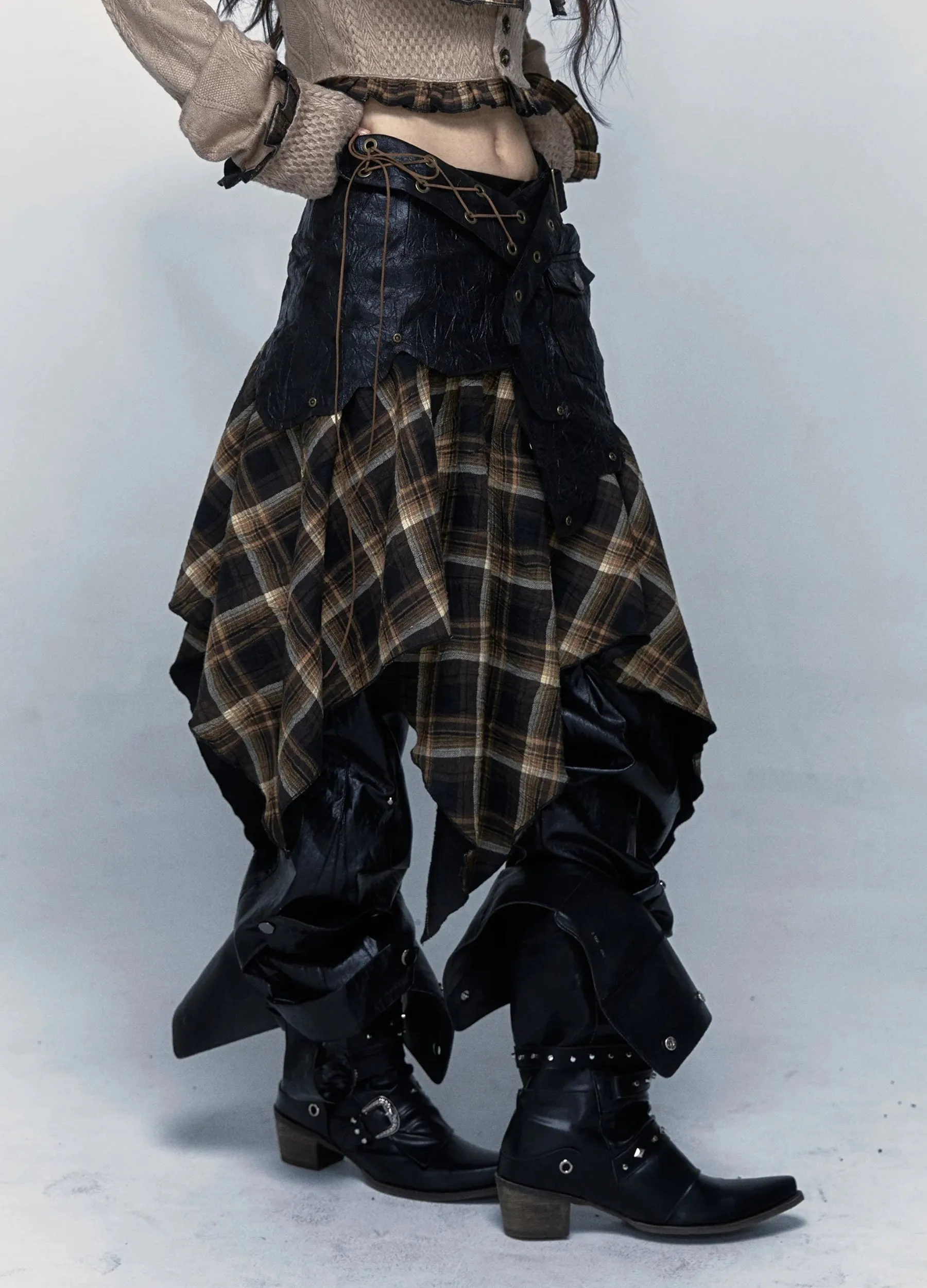 Y2K Asymmetric Plaid Midi Skirt