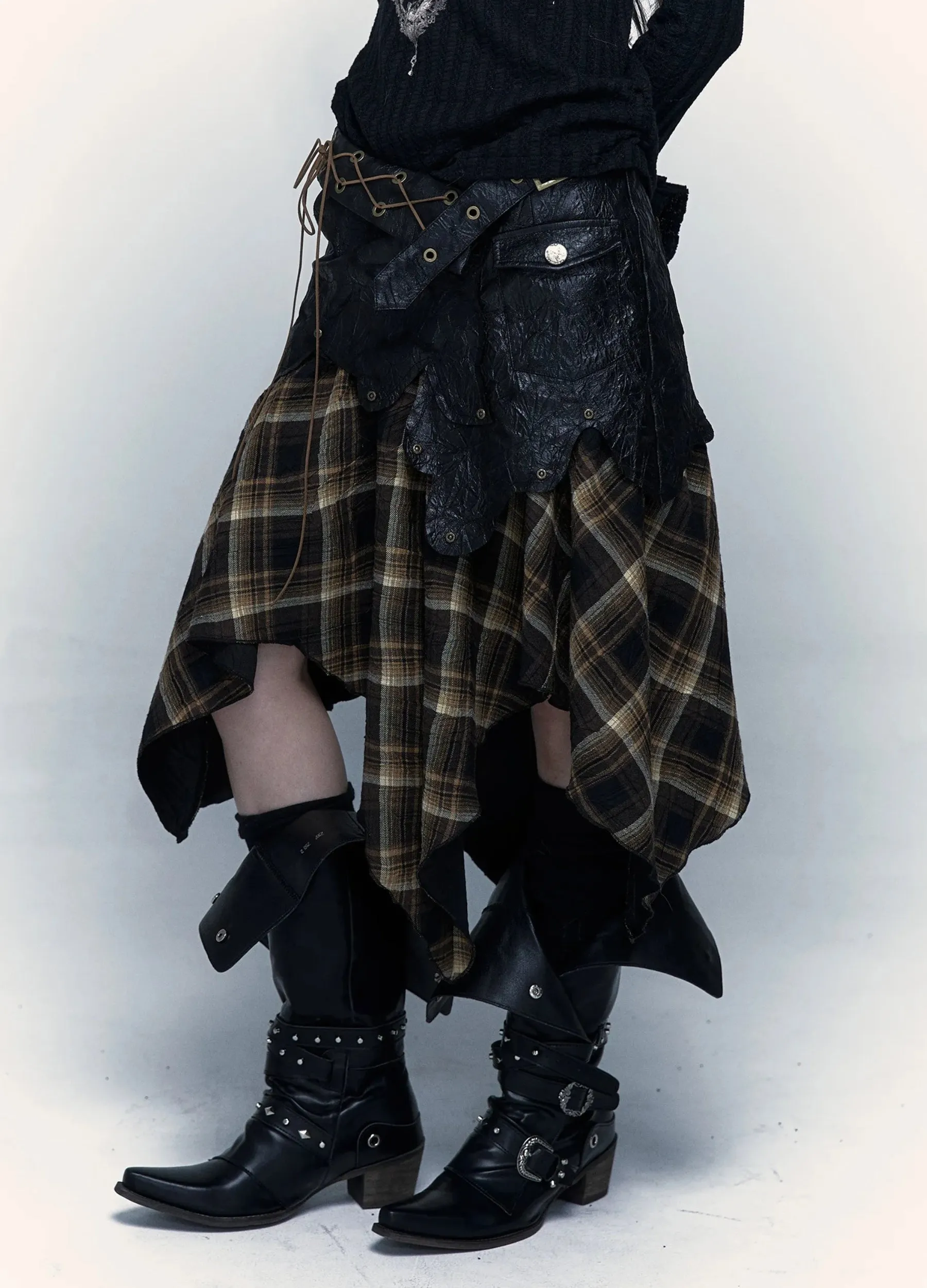 Y2K Asymmetric Plaid Midi Skirt