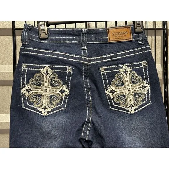 Y Jeans Los Angeles Women Y2K Flare Leg Bling Jeans Embelished Pockets Size 7/8