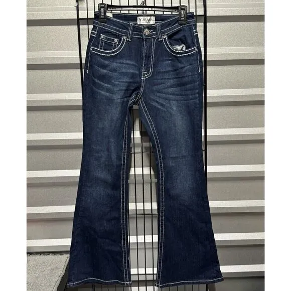 Y Jeans Los Angeles Women Y2K Flare Leg Bling Jeans Embelished Pockets Size 7/8