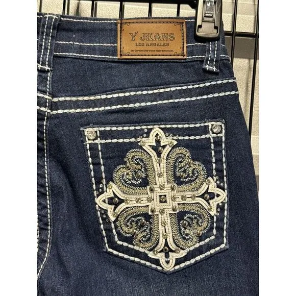 Y Jeans Los Angeles Women Y2K Flare Leg Bling Jeans Embelished Pockets Size 7/8