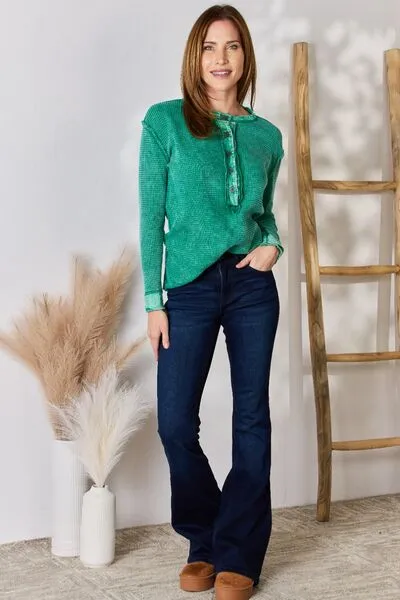 Zenana Washed Half Button Exposed Seam Waffle Top